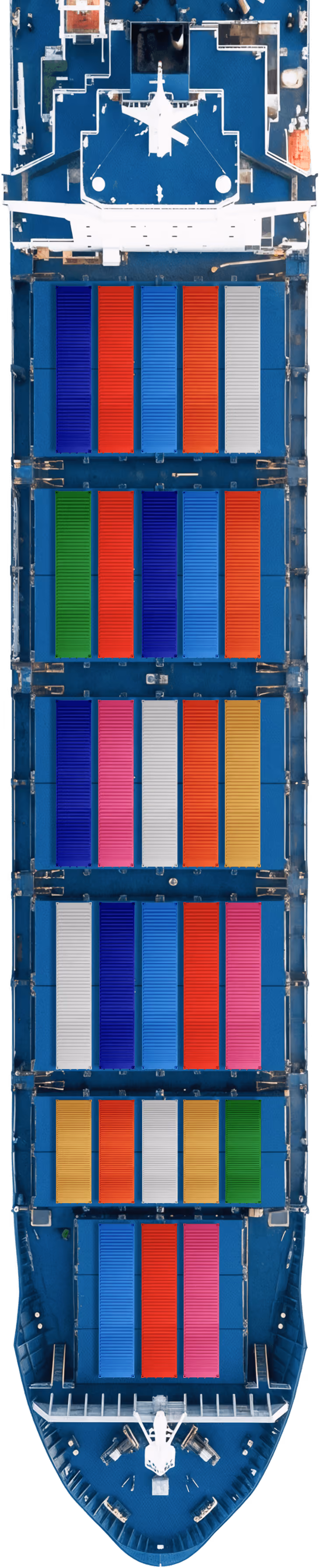 Aerial view of a cargo ship with colorful shipping containers arranged in rows on deck.